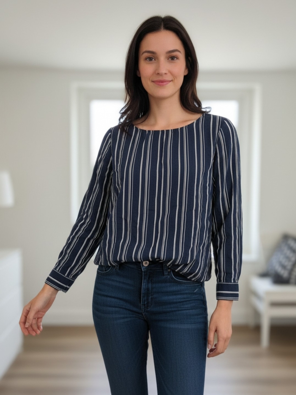 H&M Navy and White Vertical Stripe Blouse